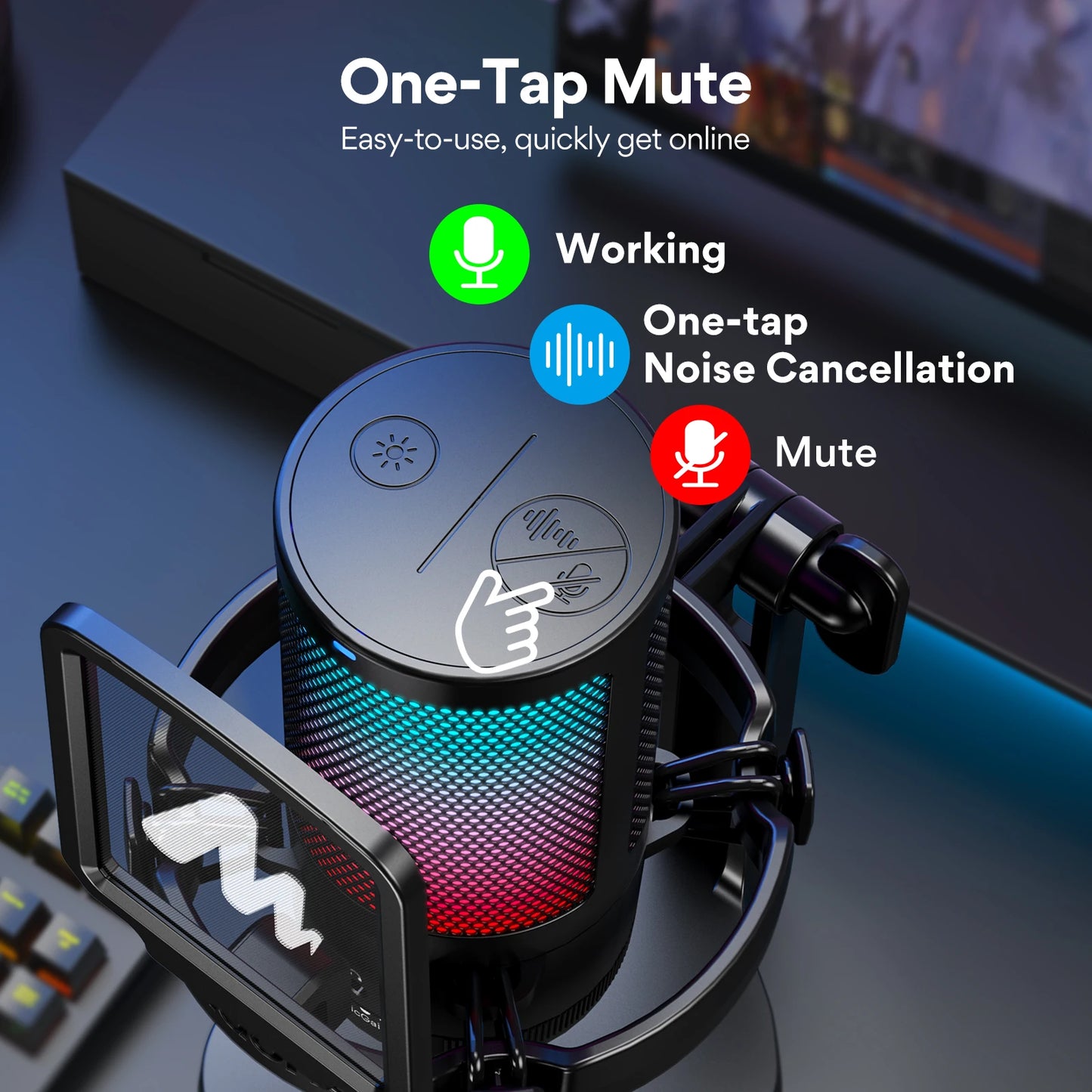 Maono DGM20 Micrófono Gaming USB | Micrófono Condensador RGB con Software de Reducción de Ruido, Control de Ganancia y Silencio de Un Clic