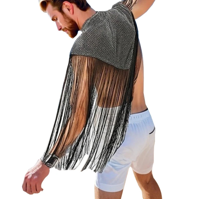 Camisetas sin Mangas Irregulares para Hombre, Chalecos de Moda con Cuello Alto de Retazos y Borlas, Ropa de Calle Sexy y Ponchos de Capa