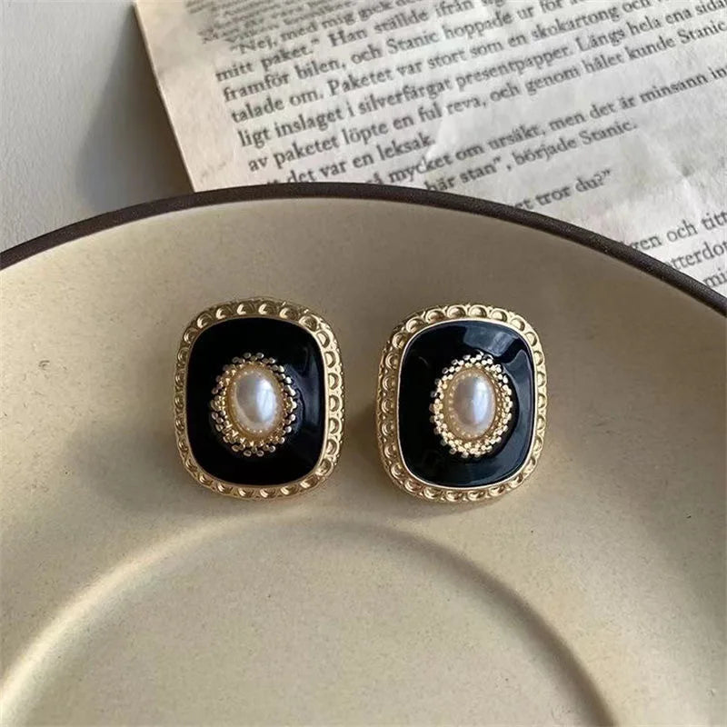 Pendientes Cuadrados de Perlas de Imitación para Mujer, Joyería Geométrica Única, Estilo Retro, Color Negro, Venta al por Mayor