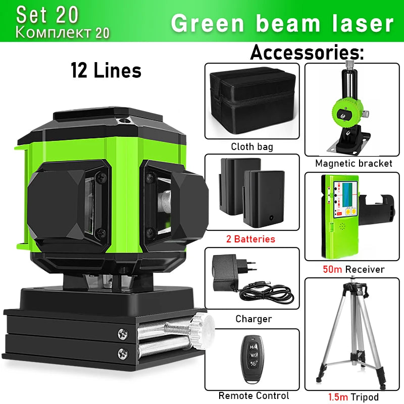 Clubiona Nivel Láser 16/12 Líneas Verde Autonivelante 360° Horizontal y Vertical, Rayo Verde Súper Potente, Herramienta de Nivelación con Modo de Pulso