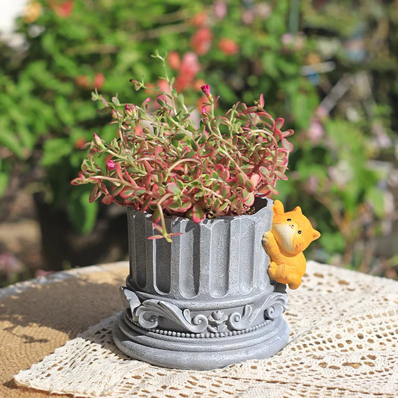 Pilar romano con columnas griegas, maceta de dibujos animados para plantas suculentas, decoración de mesa y jardín