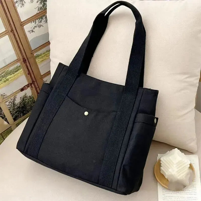 Bolso de lona de gran capacidad para mujer, bolsa de hombro con cremallera, bolsillo exterior múltiple, bolso de compras para estudiantes