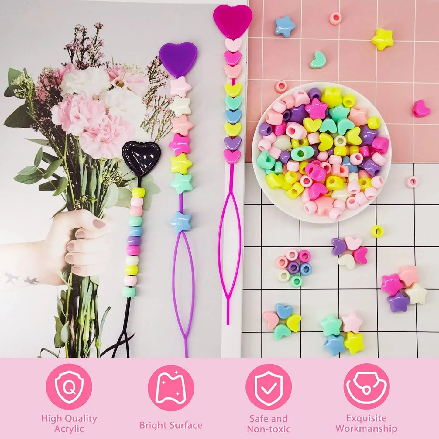 Juegos de cuentas acrílicas para el cabello para niños, 201 piezas, cuentas de rastas multicolor, 100 bandas de goma y 1 herramienta para trenzar el cabello