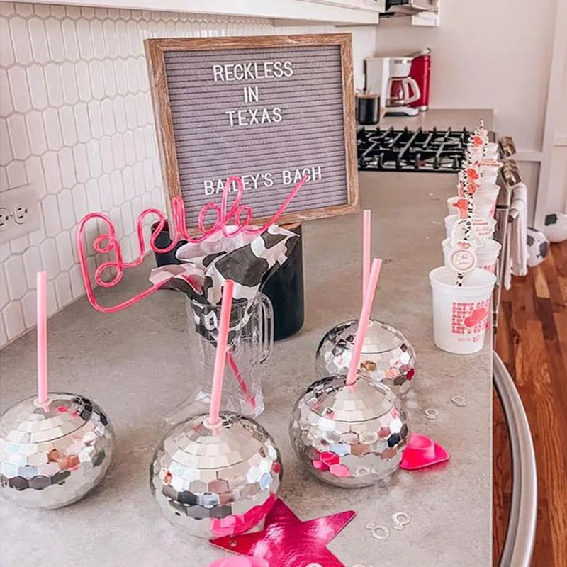 Vasos de Esfera Disco con Sombrero Vaquero - Taza de Fiesta con Pajillas para Despedida de Soltera, Fiestas