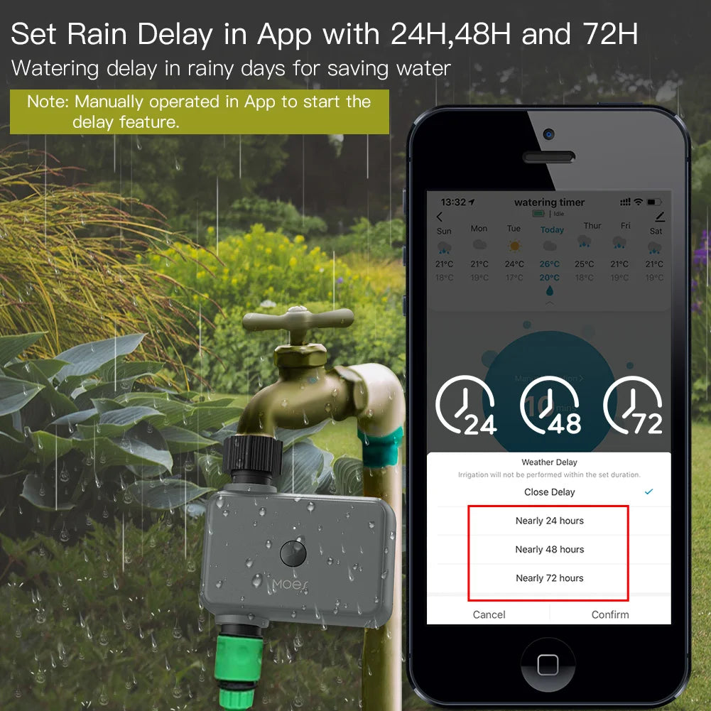 MOES Smart Tuya Bluetooth Garden Water Timer – Riego Automático Programable con Retraso por Lluvia