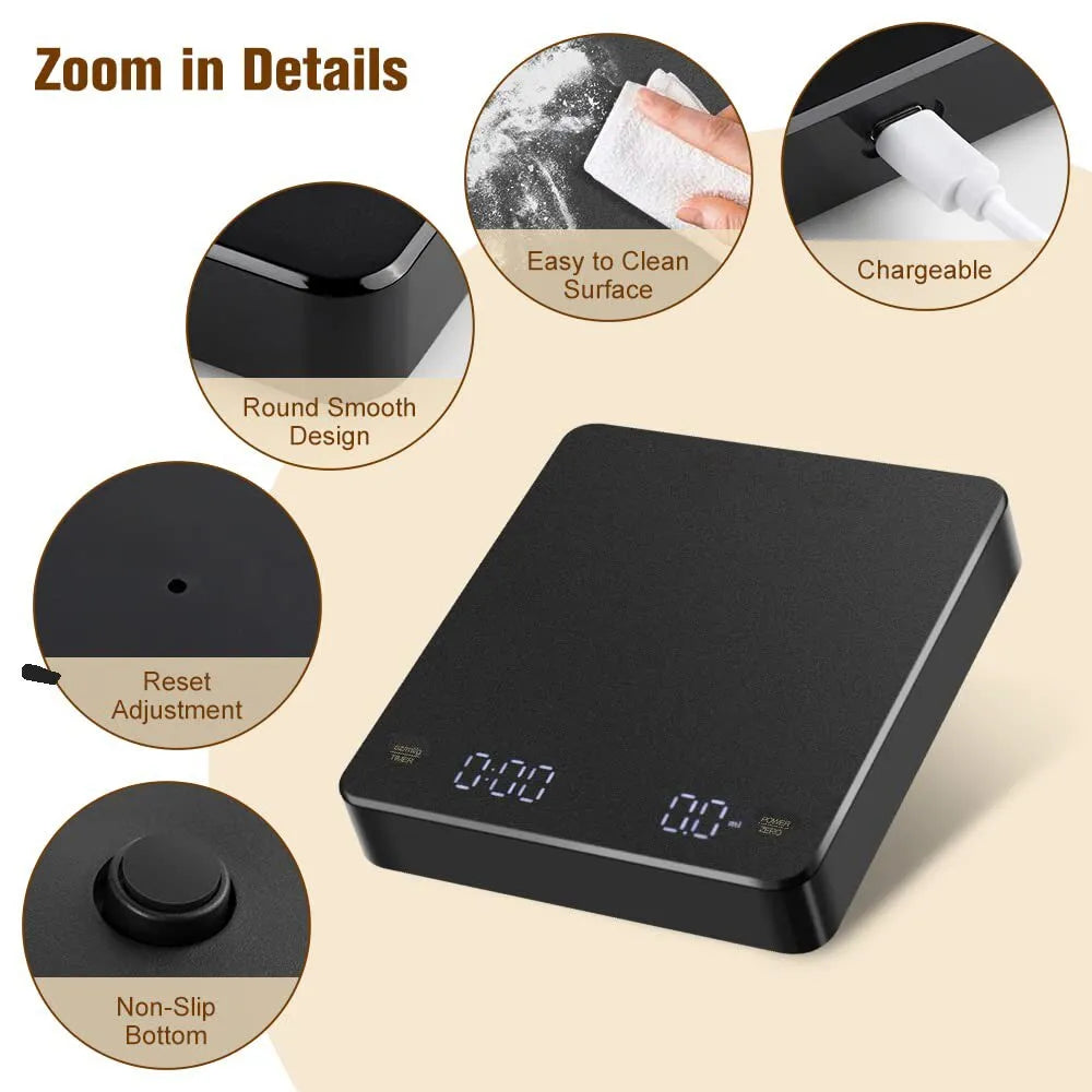 Balanza Digital para Café con Temporizador y Pantalla LED - Pesaje Preciso para Espresso, Recargable por USB, Máximo de 3 kg, Precisión de 0.1g - Ideal para Cocina y Bar