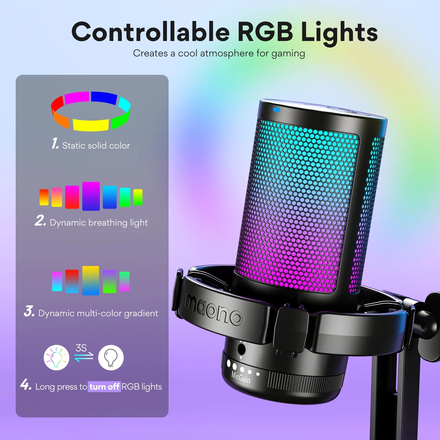 Maono DGM20 Micrófono Gaming USB | Micrófono Condensador RGB con Software de Reducción de Ruido, Control de Ganancia y Silencio de Un Clic