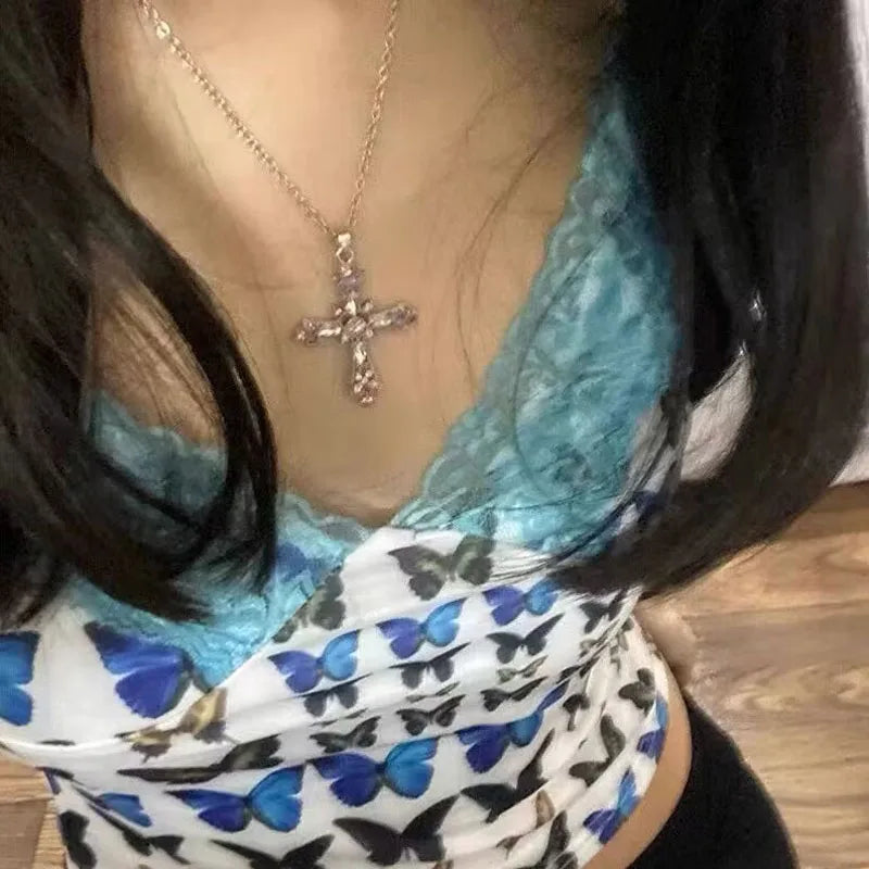 Collar Gótico de Cruz Rosa con Zirconia Púrpura - Necklace Y2K Punk de Corazón para Mujeres | Accesorios de Joyería Grunge