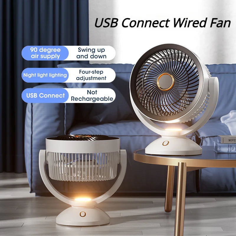 Ventilador Eléctrico de Circulación de Aire USB, No Recargable, Portátil, de Escritorio, Montado en Pared, Rotación de 360 Grados con Luz para el Hogar
