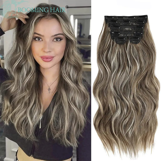 Extensiones de Cabello Sintético Largo con Clip, Ondulado Ombre Rubio y Marrón, Postizos Gruesos, 6 Piezas por Juego