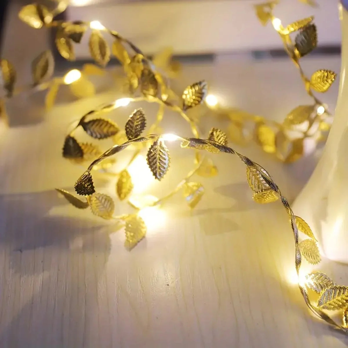 1PC 2M 20LED Luces de Hilo de Hojas Doradas - Cadena de Luces LED de Cobre con Batería para Decoración de Bodas, Fiestas y Navidad