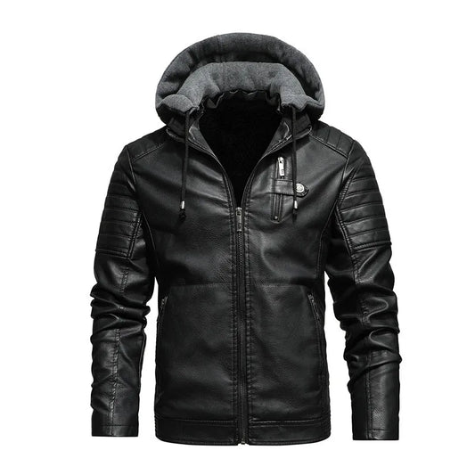 Chaqueta de cuero con forro polar para hombre, abrigos de cuero Pu con capucha, ropa informal para motocicleta, Otoño e Invierno