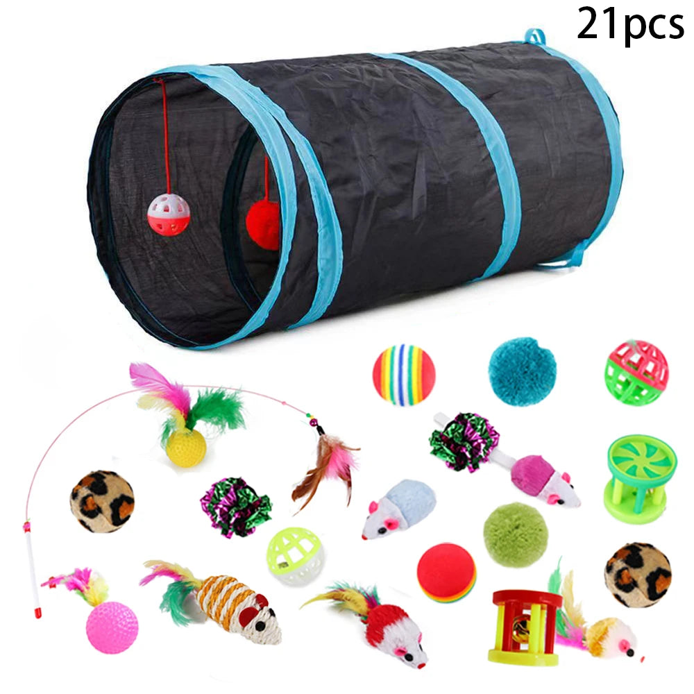 Sonajero para Gatos y Túnel de Papel Arrugado, Juguetes para Gatos Pequeños, Túnel Plegable de Poliester y Algodón, Tienda y Juguetes para Gatos, 21 Piezas
