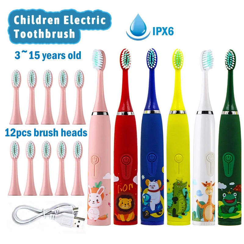 Cepillo Eléctrico Infantil Sonic con 12 Cabezas de Repuesto - Cepillo Automático de Caricatura, Resistente al Agua y Suave para Niños