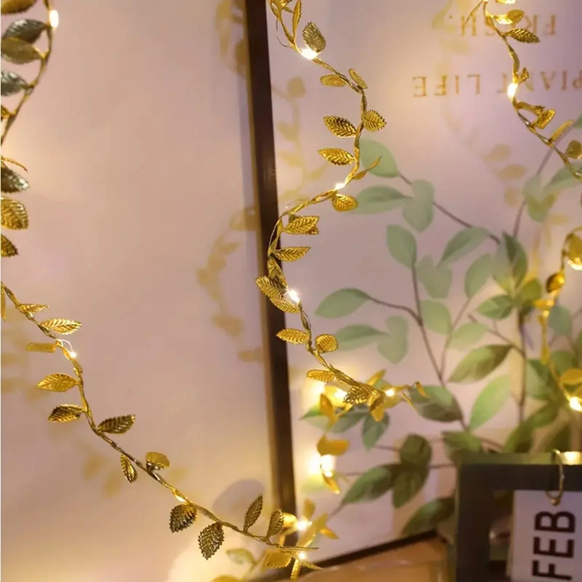 1PC 2M 20LED Luces de Hilo de Hojas Doradas - Cadena de Luces LED de Cobre con Batería para Decoración de Bodas, Fiestas y Navidad