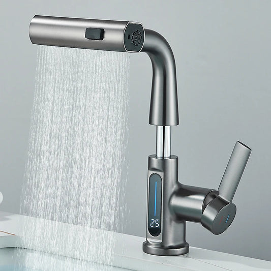 Grifo de Lavabo con Pantalla Digital de Temperatura | Mezclador de Agua Fría y Caliente | Caño Retráctil y Rocío 3 en 1