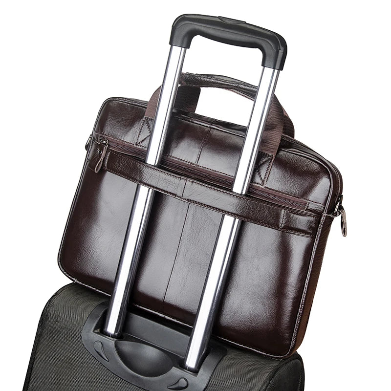 Maletín de Cuero Genuino para Hombre con Doble Bolsillo Frontal – Maletín de Gran Capacidad para Computadora y Bolsa de Mano Cruzada