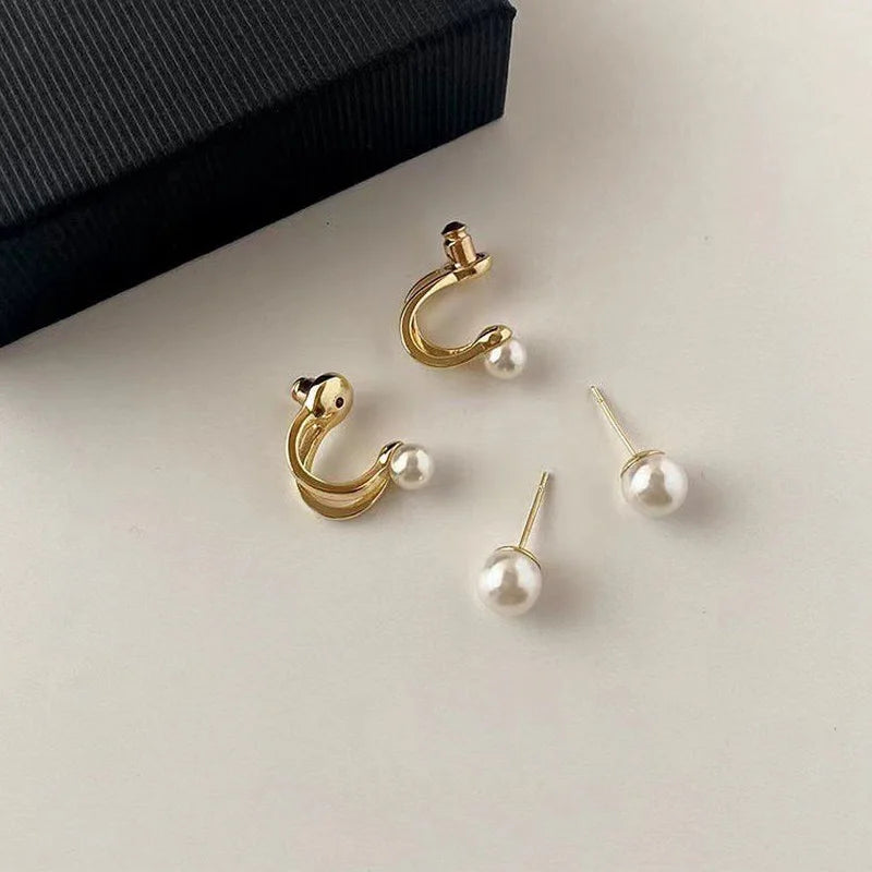 Aretes de Perlas con Diseño Irregular Coreano - Pendientes Geométricos de Metal Dorado para Mujeres, Joyería de Moda para Fiesta