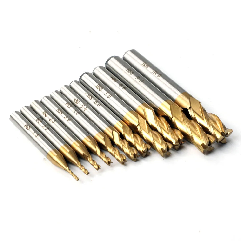 Juego de Fresas de 7 Piezas / 11 Piezas, Brocas Fresadoras de 4 Cortes con Revestimiento de Titanio de Carburo de Tungsteno de 1.5-10mm para Fresadora CNC en Madera y Acero