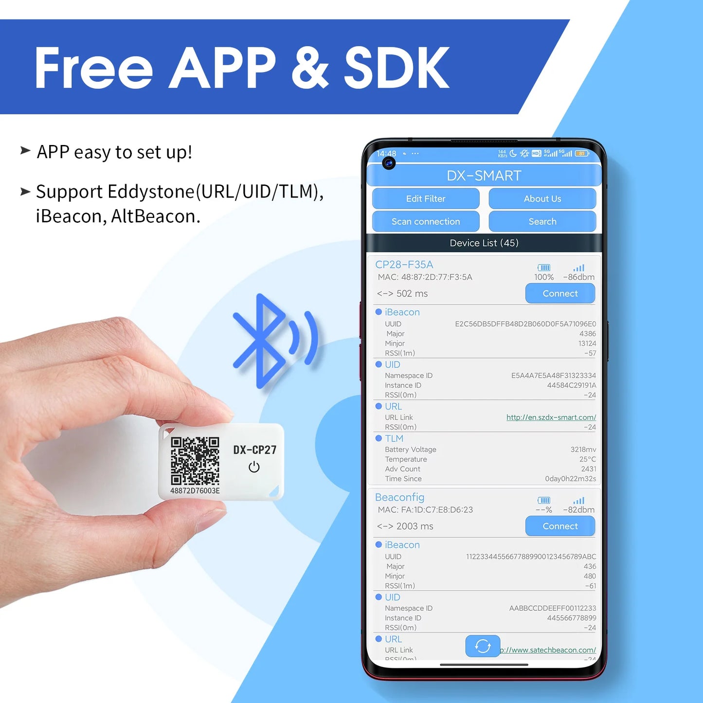 DX-Smart Wireless Eddystone Mini iBeacon Dialog 14531 BLE 5.1 Etiquetas Rastreador Ubicación Bluetooth Beacon IP67 Resistente al agua
