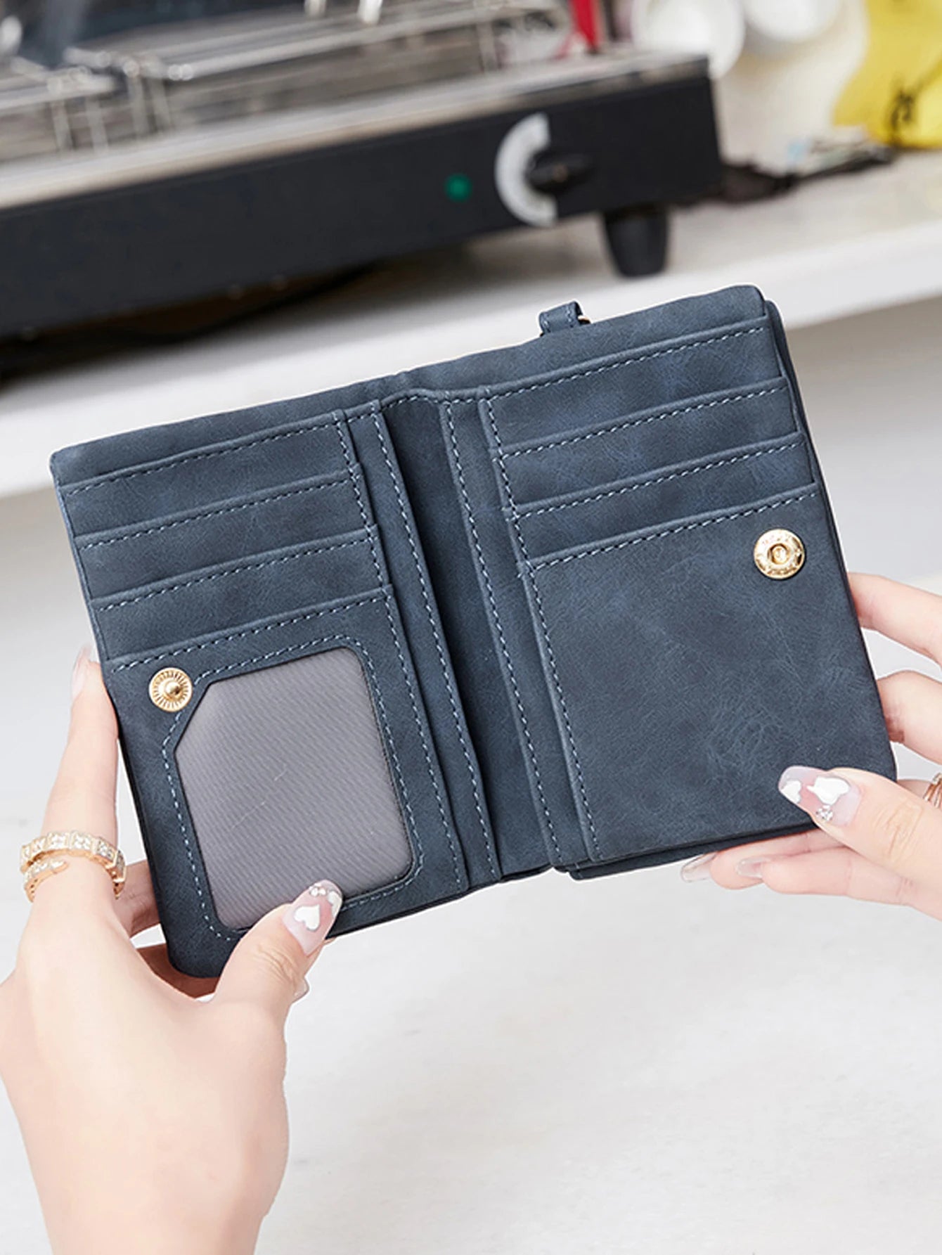 Vintage small double folding zipper with wrist strap short wallet, PU leather portable multi card wallet, with ID window