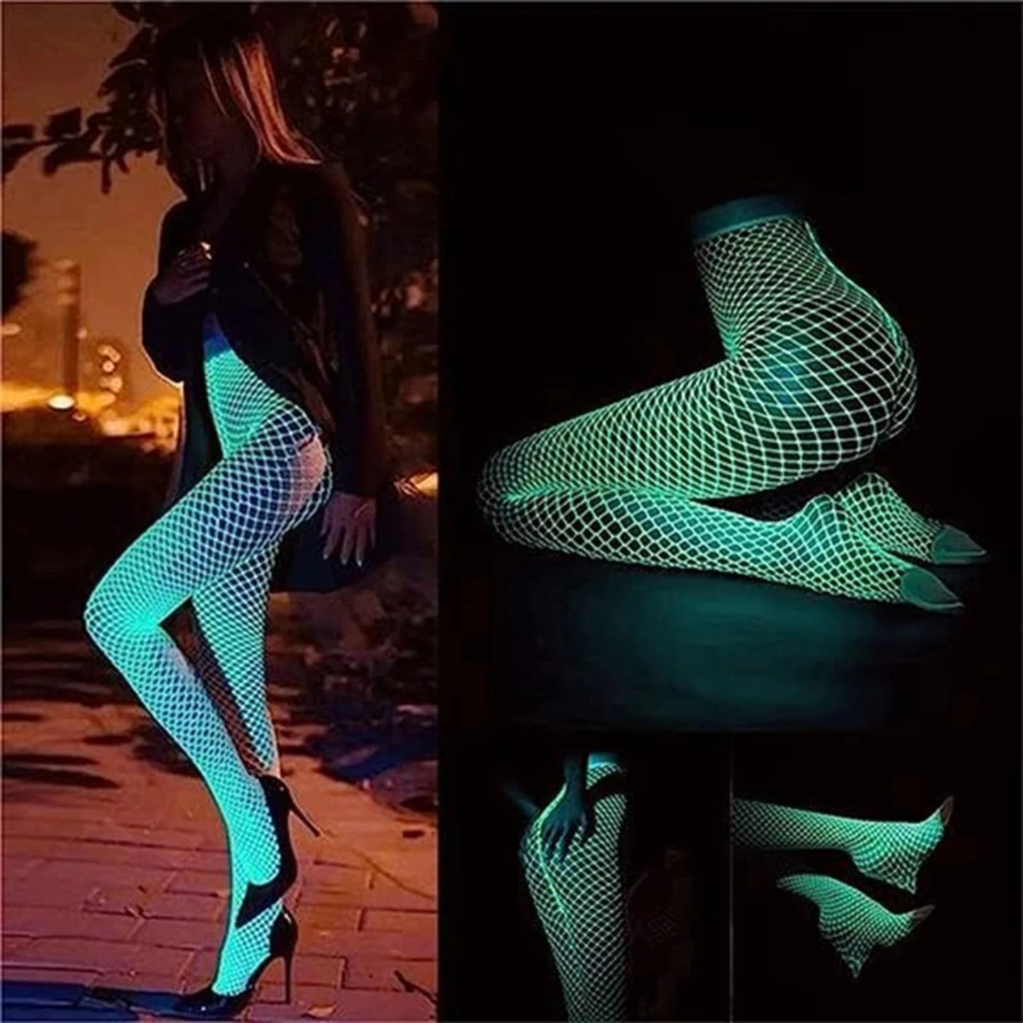 Medias Luminiscentes Mágicas para Mujer - Tights de Malla Elástica Plus Size, Crotchless, Brillan en la Oscuridad para Pole Dance