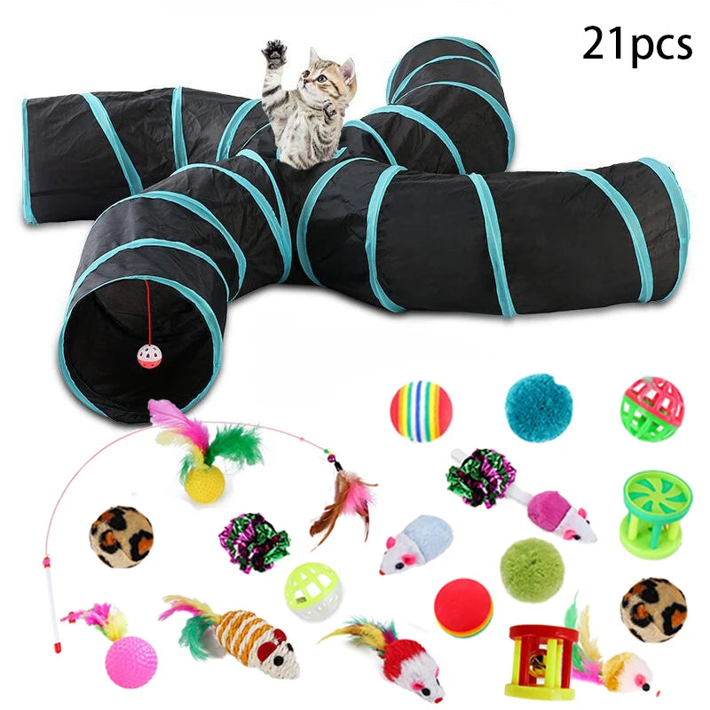 Sonajero para Gatos y Túnel de Papel Arrugado, Juguetes para Gatos Pequeños, Túnel Plegable de Poliester y Algodón, Tienda y Juguetes para Gatos, 21 Piezas