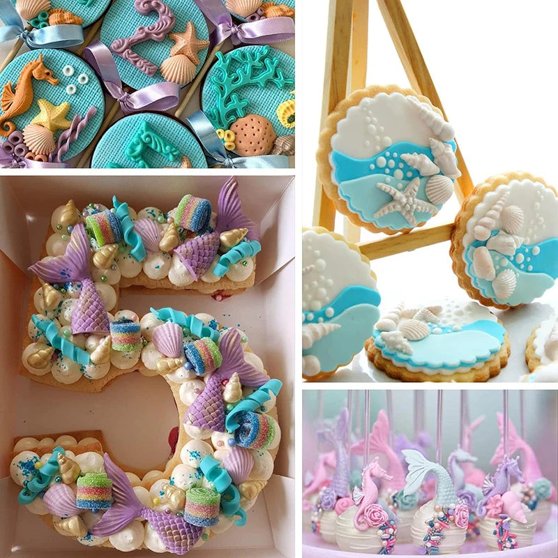 Molde de cola de sirena de silicona, caballito de mar y estrella de mar: decoración de pastel de fondant y chocolate para fiestas de cumpleaños con temática marina