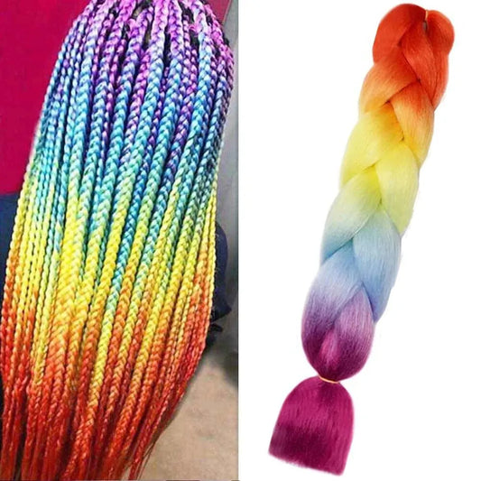 Extensiones de Cabello sintético de Kanekalon, trenzas de caja trenzada Jumbo ombré de 24 pulgadas, color arcoíris