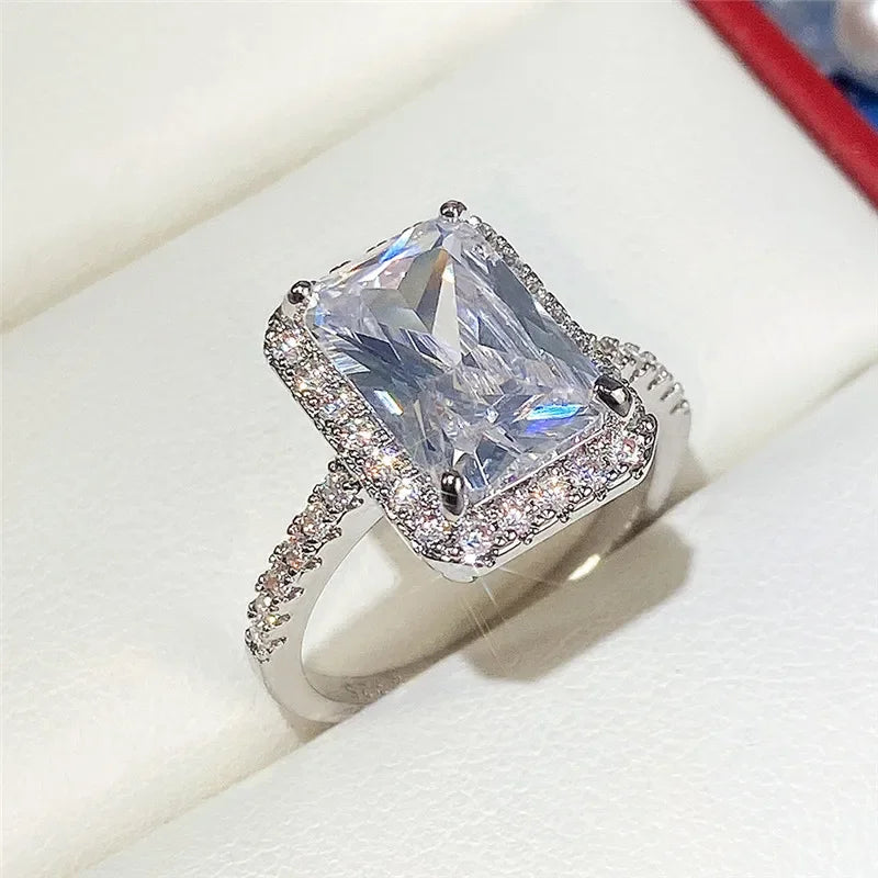 Anillos cuadrados clásicos de Color plateado para mujer, joyería de boda con moissanita brillante, anillo femenino de circón cúbico
