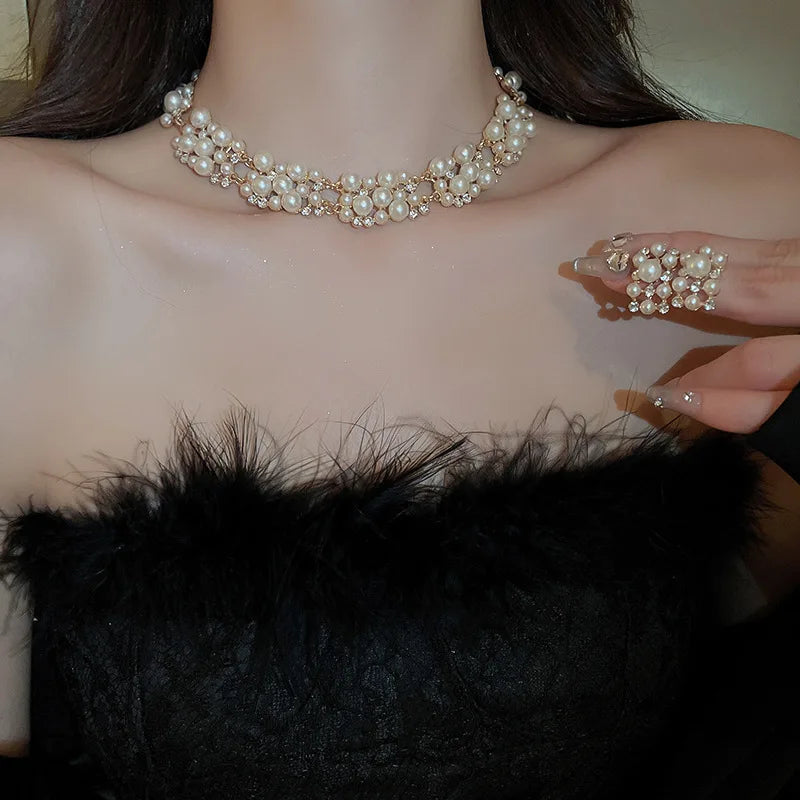 Conjunto de Collar y Pendientes Rectangulares de Perlas de Diamantes de Imitación (3 Piezas)