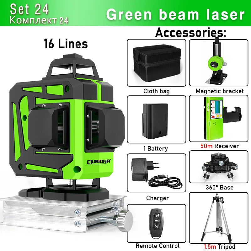 Clubiona Nivel Láser 16/12 Líneas Verde Autonivelante 360° Horizontal y Vertical, Rayo Verde Súper Potente, Herramienta de Nivelación con Modo de Pulso
