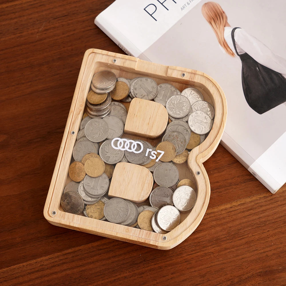 Alcancía para Niños: Gran Alcancía Personalizada de Madera en Forma de Letra - Caja de Ahorros de Monedas con Letras del Alfabeto