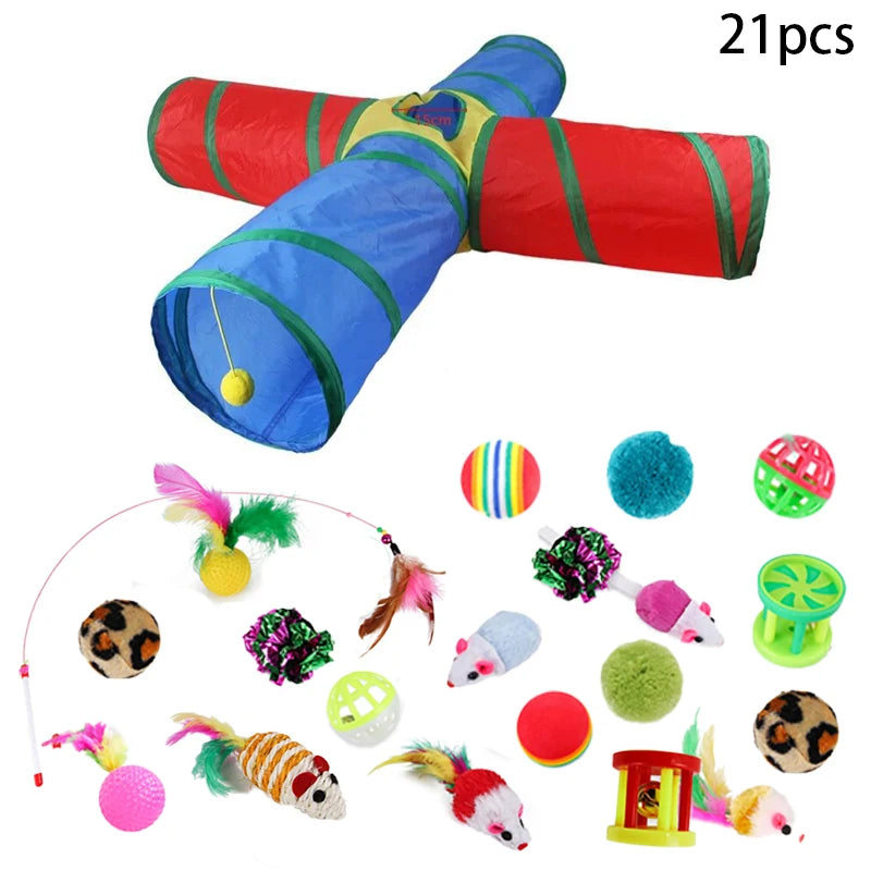 Sonajero para Gatos y Túnel de Papel Arrugado, Juguetes para Gatos Pequeños, Túnel Plegable de Poliester y Algodón, Tienda y Juguetes para Gatos, 21 Piezas