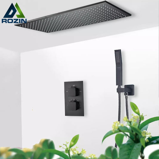 Grifo Termostático para Ducha Rozin de Latón Negro con Mezclador de Lluvia en el Techo de 40*80cm, Grifo Mezclador de Ducha Empotrado para Baño