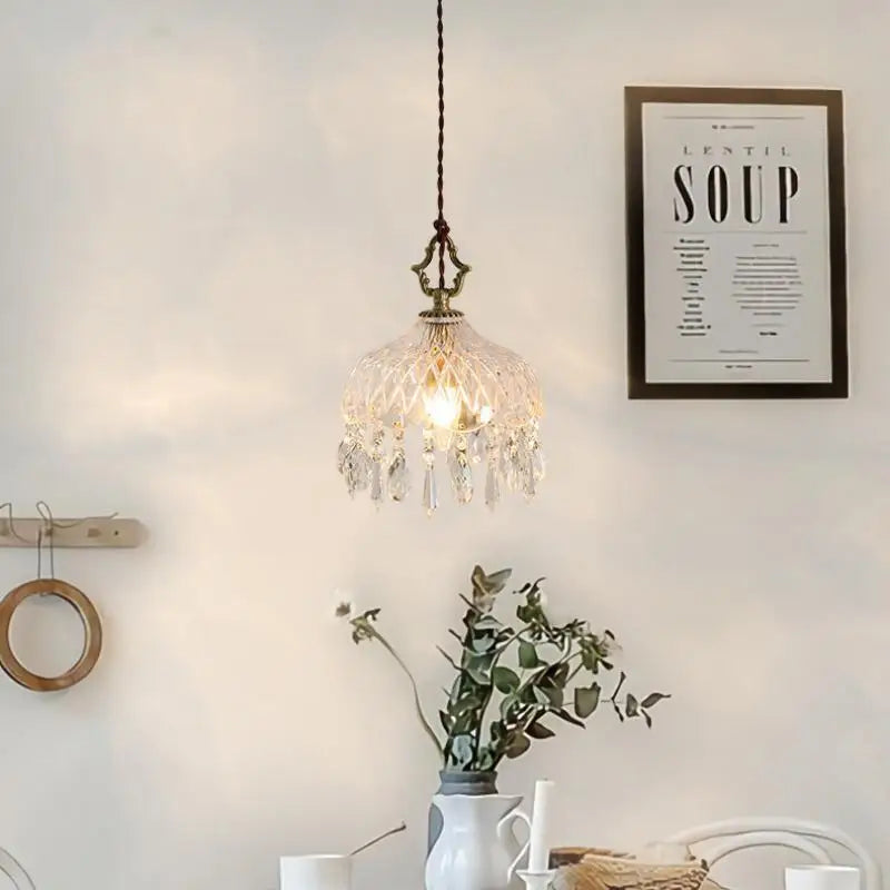 Lámpara Colgante de Cristal Retro Francés LED de Lujo – Chandeliers de Vidrio para Dormitorio, Bar y Restaurante con Bombilla E14