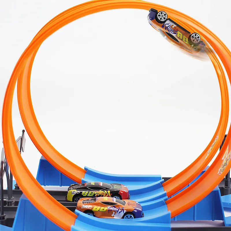 Pista de Carreras de Doble Pista con Rieles para Autos de Alta Velocidad – Set DIY para Niños | Juguete Interactivo de Coches de Inercia