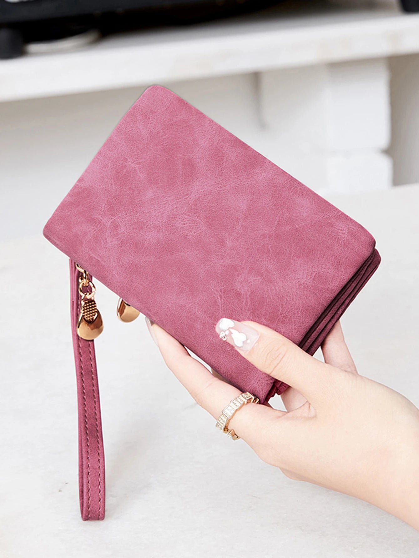 Vintage small double folding zipper with wrist strap short wallet, PU leather portable multi card wallet, with ID window