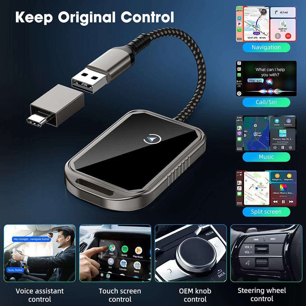 Adaptador Inalámbrico 2 en 1 para CarPlay y Android Auto – Mini Box Dongle para Vehículos con Puerto USB-C