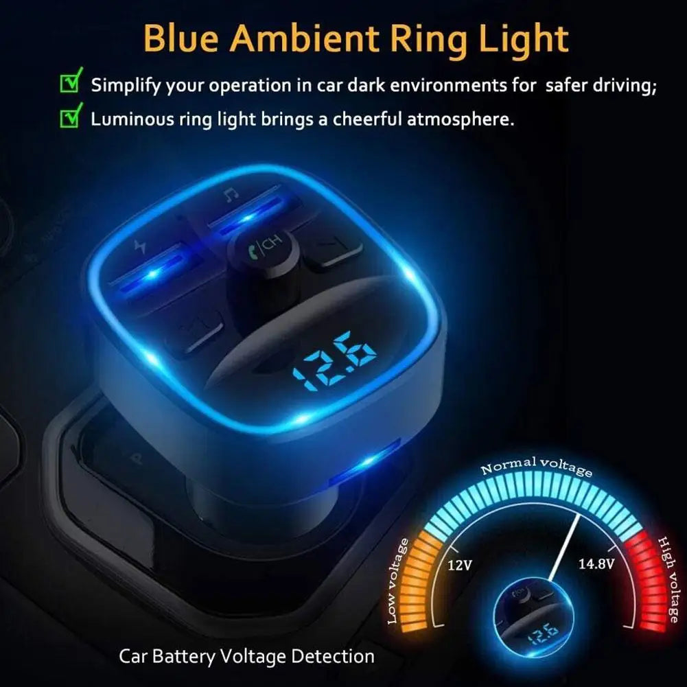 Transmisor FM Bluetooth 5.0 con Carga Rápida y Llamadas Manos Libres – Adaptador de Coche con Doble Puerto USB y Luz LED Azul