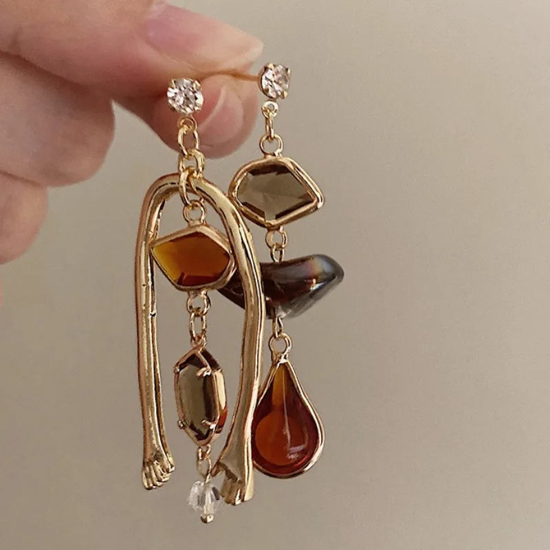 Pendientes de Gota Abstractos de Arte Retro Francés para Mujer - Diseño Asimétrico y Estilo Coreano