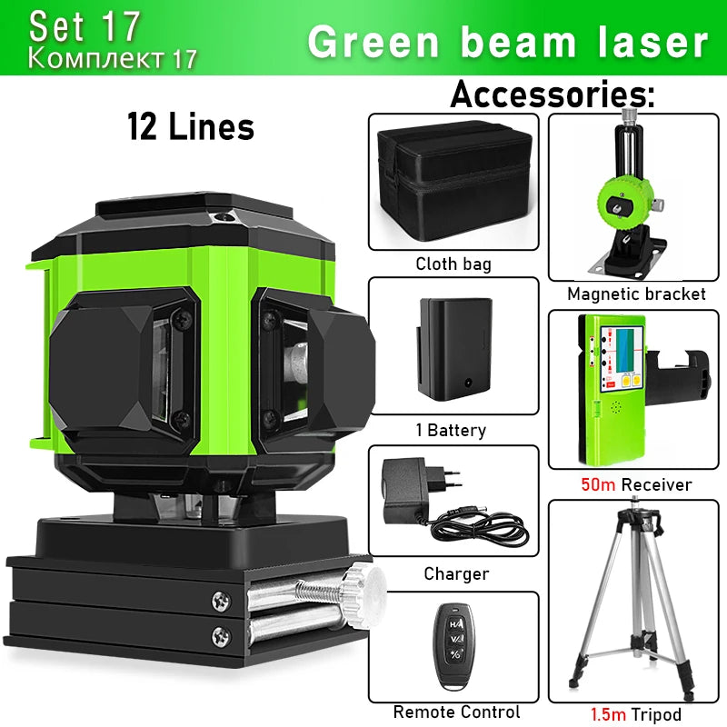 Clubiona Nivel Láser 16/12 Líneas Verde Autonivelante 360° Horizontal y Vertical, Rayo Verde Súper Potente, Herramienta de Nivelación con Modo de Pulso