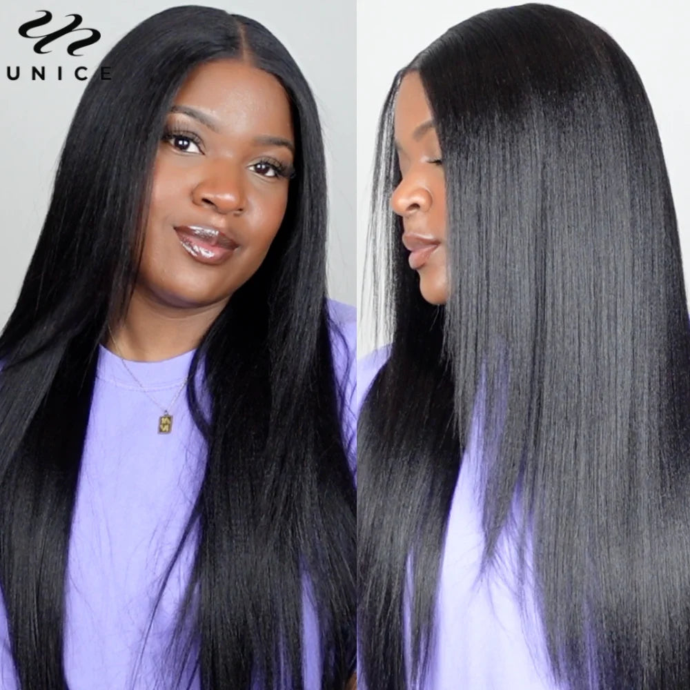Peluca Yaki Recta en Forma de V, Cabello 100% Humano, Parte en U Mejorada, Sin Coser, Clip, Media Peluca