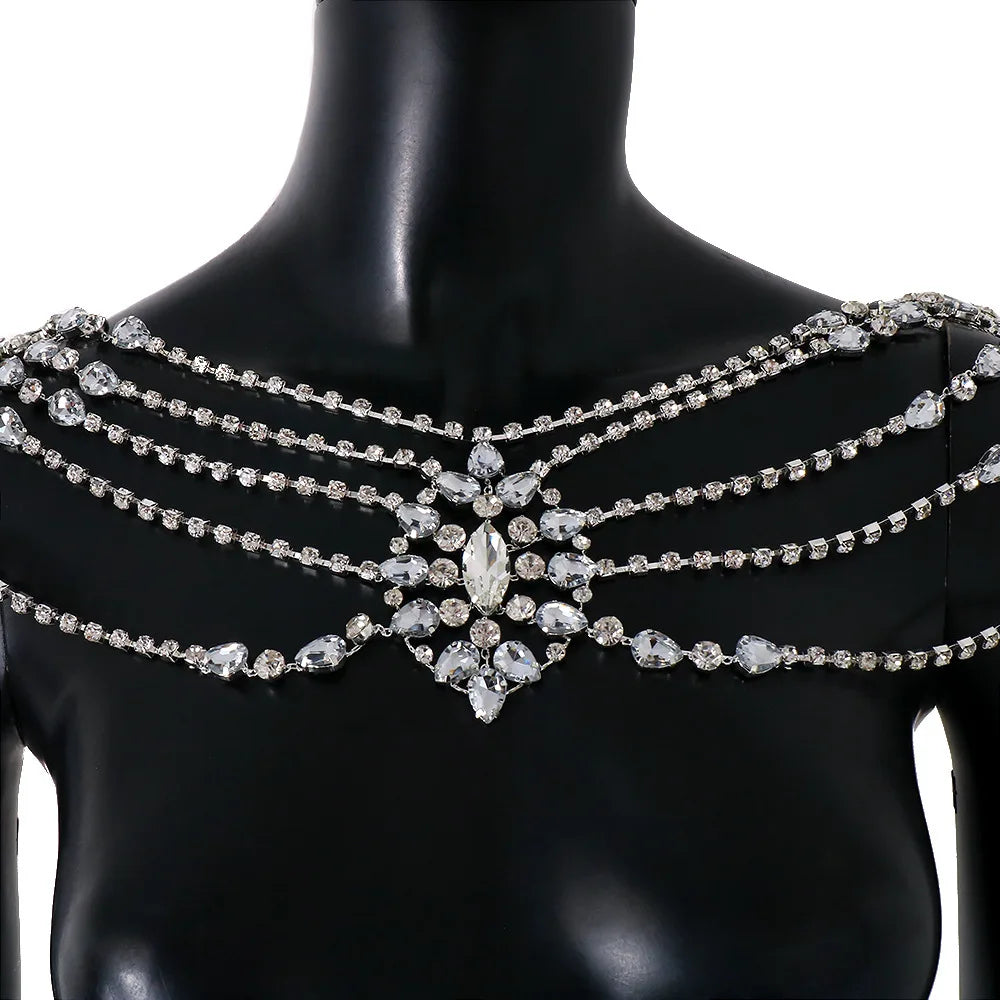 Collar de cadena bohemio nupcial de cristal, accesorios de lencería y joyería corporal, chal de cuentas para bodas y eventos