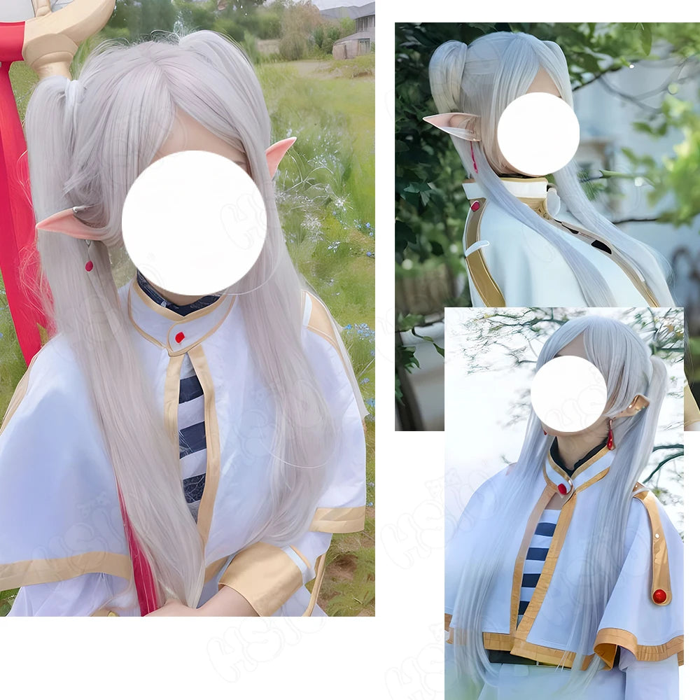 Peluca de fibra sintética de Frieren para cosplay, pelo largo de doble cola de caballo, Anime Sousou no Frieren en el Funeral, HSIU, gris plateado