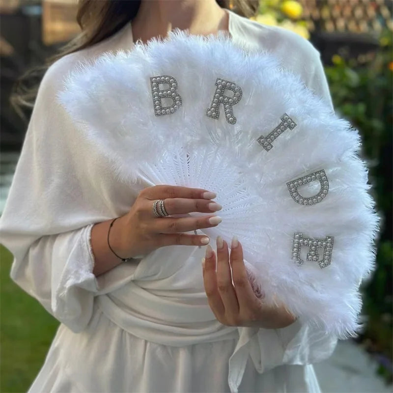 Abanico de Plumas Blanco para Novia - Despedida de Soltera - Decoración de Boda de Invierno - Regalo para la Futura Sra.