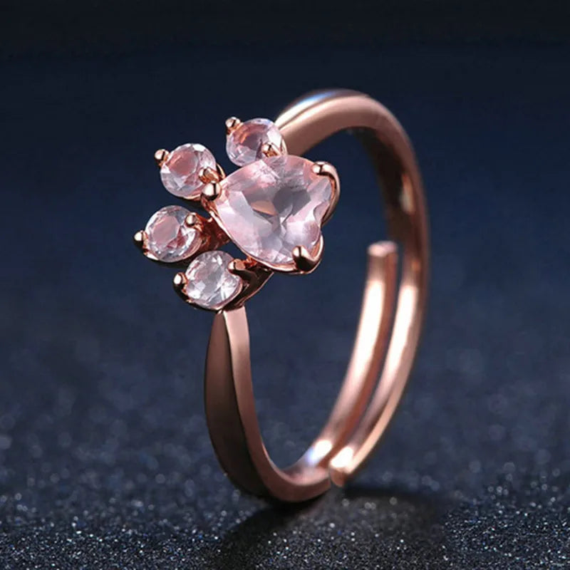 Anillo de apertura de garra de gato para mujer, sortija ajustable chapada en huella de cristal de oro rosa, joyería romántica de amor de boda