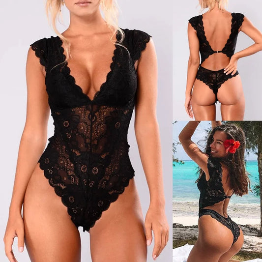 Conjunto de Lencería Sexy para Mujer | Sujetador Transparente de Encaje y Ropa Interior sin Entrepierna