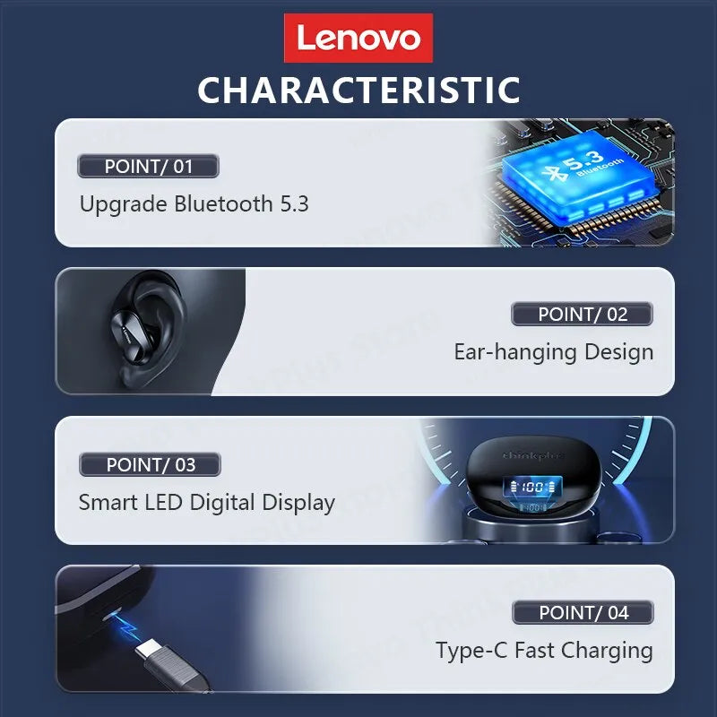 Auriculares Inalámbricos Lenovo LP75 Bluetooth 5.3 - Deportivos, Estéreo HiFi, Reducción de Ruido, Display LED
