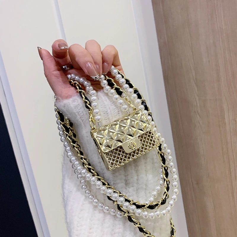 Bolso de hombro de metal para mujer, bandolera de alta calidad, accesorios de ropa de diseñador, satchel, mini bolso de diamantes lindo